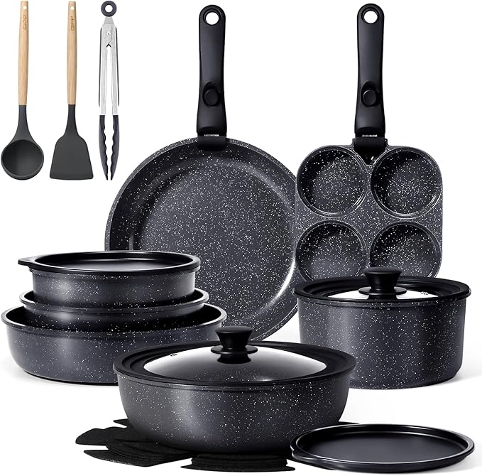 GiPP Ceramic Pots and Pans Set Non Stick Nonstick Detachable Handle Cookware Sets Healthy Non Toxic PFAS PFOA &amp PTFE Free Dishwasher ＆Oven Safe Induction Kitchen Pot and Pan 21 Piece Grey