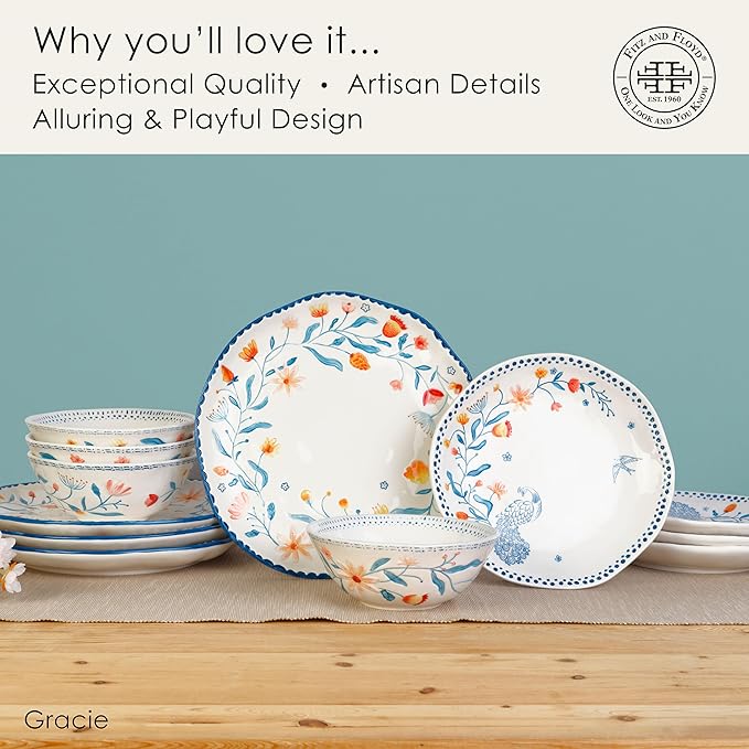 Fitz and Floyd Gracie Floral 12 Piece Dinnerware Set Service for 4