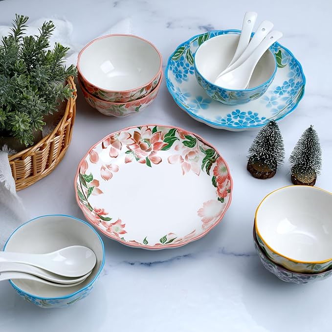 Floral Ceramic Dinnerware Set of 2 14-Piece Plates and Bowls set with Blue &amp Red Floral Kitchen Dishes Set Dining Ware for Family Microwave and Dishwasher Safe