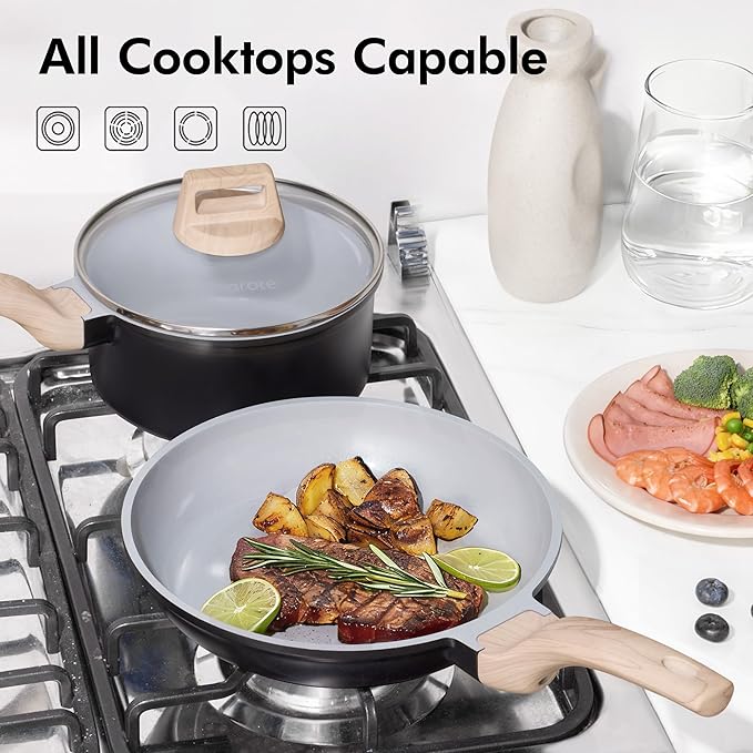 CAROTE 21pcs Pots and Pans Set Nonstick Cookware Set Black Induction Kitchen Cooking Set w/Frying Pans &amp Saucepans(PFOS PFOA Free)
