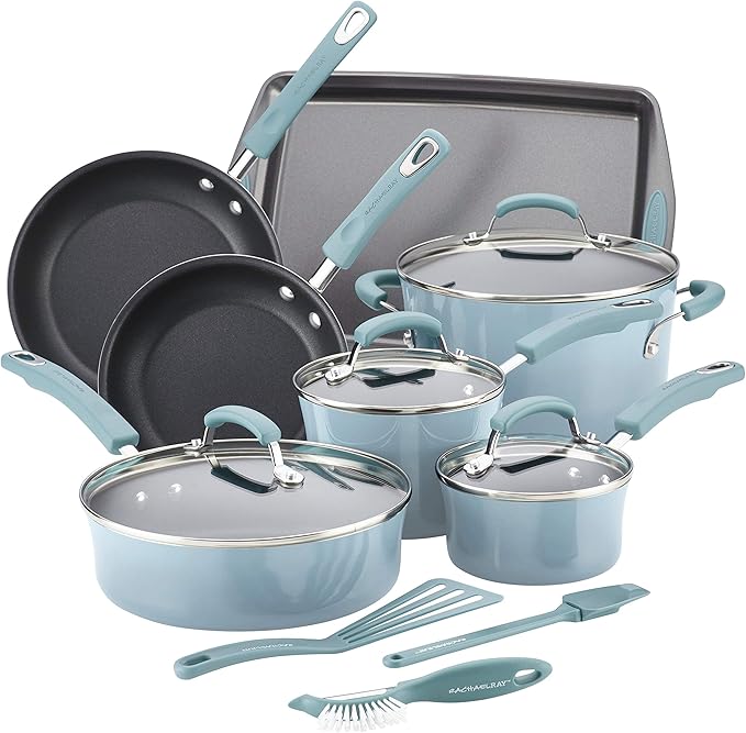 Rachael Ray Brights Nonstick Pots and Pans Includes Crispy Sheet Baking Pan/Bakeware and Kitchen Cooking Tools 14 Piece Cookware Set - Sky Blue