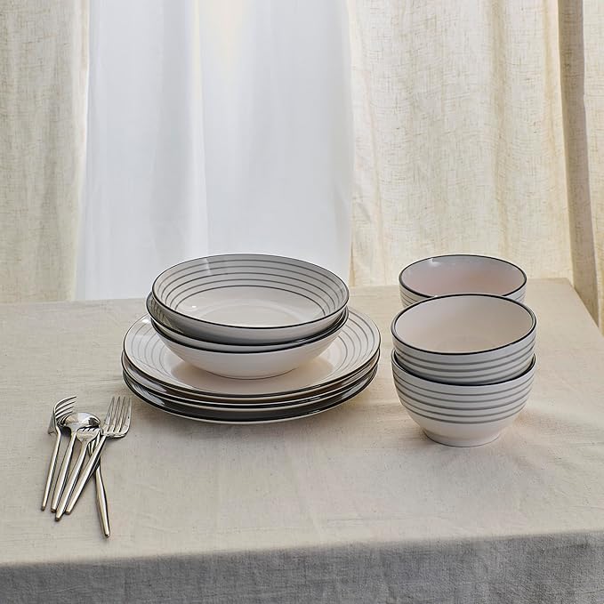 Earth &amp Clay Zeke 12-Piece Dinnerware Set Earthenware Plates and Bowls Set Dishwasher and Microwave Safe Dishes Dish Set for 4 Grey