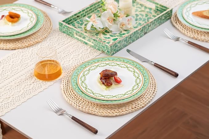 High Bone China Dinnerware Set 12-Piece Artistic Green Plates and Bowls Lightweight &amp Chip Resistant Ceramic Service for 4 Dishwasher Safe Elegant Kitchen Dining