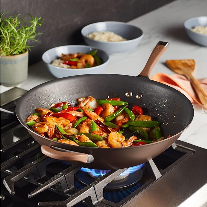 Circulon Symmetry Hard Anodized Nonstick Stir Fry / Wok Pan with Helper Handle - 14 Inch Chocolate