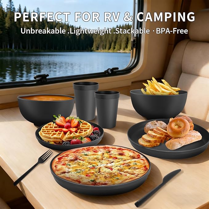 40 Piece RV &amp Camping Dinnerware Set Elegant Ceramic-Look Large Bowls &amp Plates Unbreakable &amp 100% Microwave Safe Melamine Alternative Service for 8 Gray