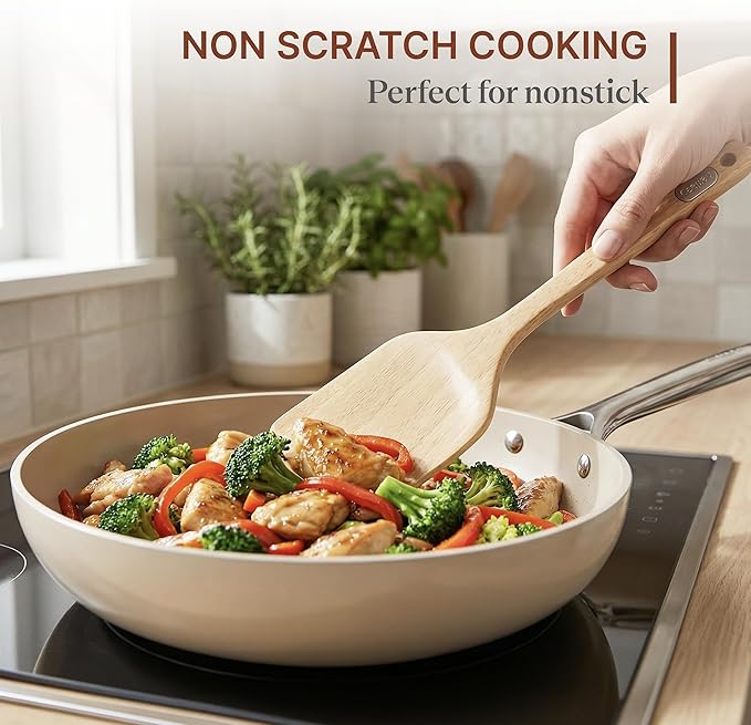 Koppen Rubber Wood Kitchen Utensils Set Durable Wooden Cooking Spoon and Spatula Ladle for Nonstick Cookware Non Toxic Heat Resistant Smooth Grip Modern Elegant Design for Everyday (5 Piece Set)