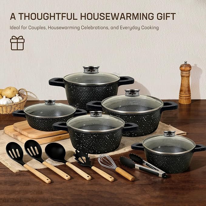 16PCS Cookware Set Nonstick Pots and Pans Sets Kitchen Cooking Set Gasserole with Lid Utensils Dishwasher Safe PTFE/PFOA Free Black
