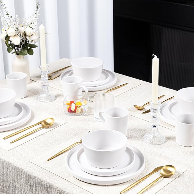 Plates and Bowls Sets for 4 - CJDC-QUELO 16 Piece Stoneware Dinnerware Sets with Mugs Ceramic Dishware Sets for Kitchen Dining Use Chip and Scratch Resistant Microwave Dishwasher Safe White