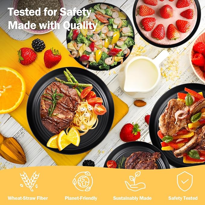 LIYH 24 Pcs Black Wheat Straw Dinnerware Sets Unbreakable Plates and Bowls Set Plastic Dinnerware Set Include Wheat Straw Plates Bowls Cups Dishes for Kitchen&amp Camping