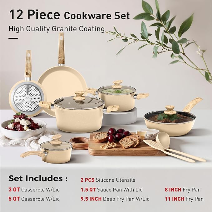 DisDelight Pots and Pans Set Non Stick Nonstick Induction Granite Kitchen Cookware Sets Induction Nonstick Granite Cooking Set Induction Cookware Cooking Pan Set Pan Sets for Cooking Cream White