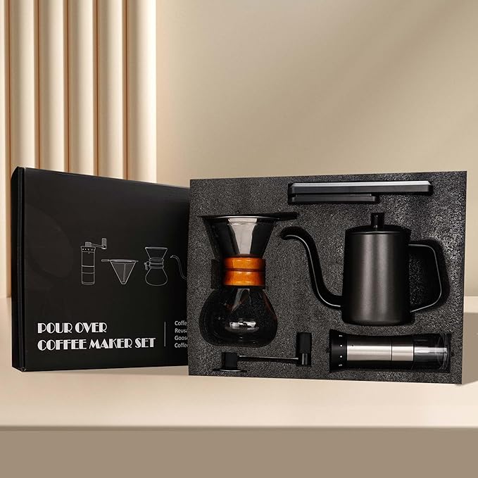 SuperCook Pour Over Coffee Kit Coffee Maker Set All in One Hand Drip Coffee Set Coffee Grinder Manual Set Ideal for Anniversary Birthday Gift