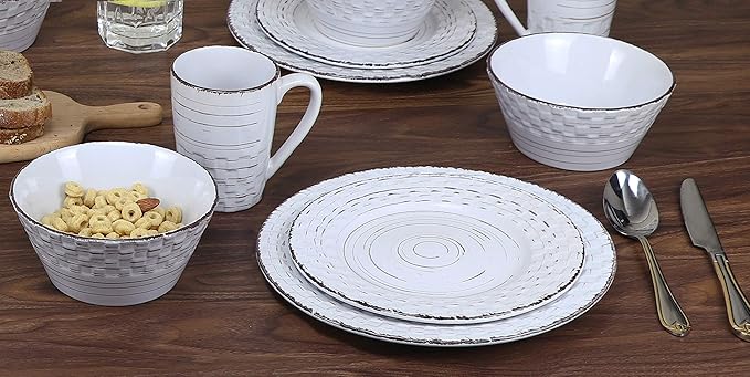 Lorren Home Trends 16 Piece Distressed Weave Dinnerware Set-White