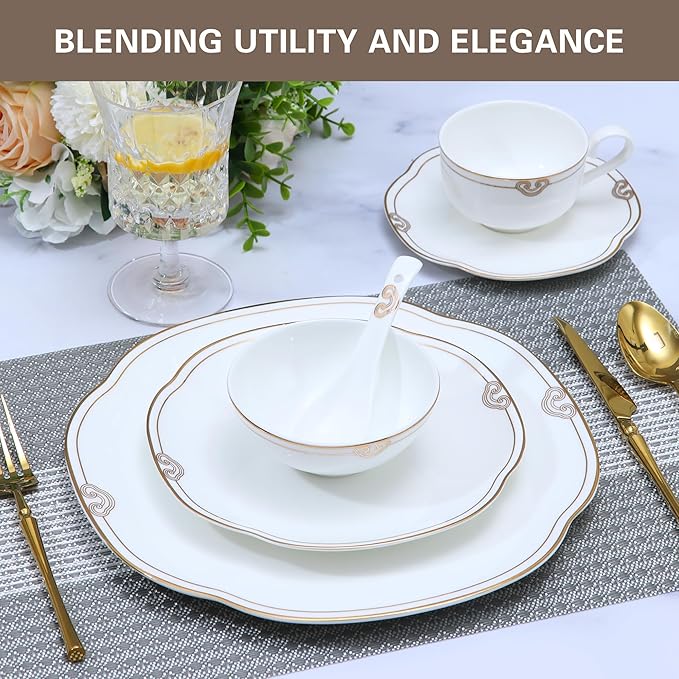 24 Piece White Porcelain DinnerwareBone china Set for 4Plates and Bowls Sets With Double Gold Rim Highly Chip and Crack Resistant | Dishwasher Safe Dishes Set (White &amp Double Gold Rim)