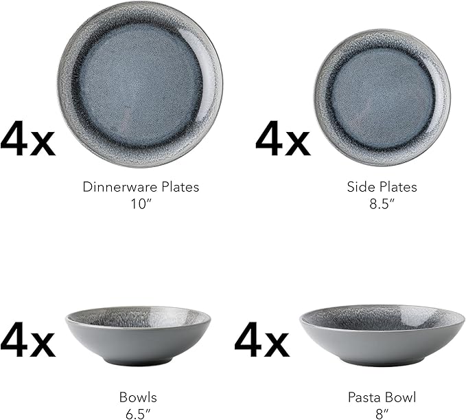 FAIT Round Stoneware 16pc Double Bowl Dinnerware Set for 4 Dinner Plates Side Plates Cereal Bowls Pasta Bowls - Reactive Glaze Grey (439699)