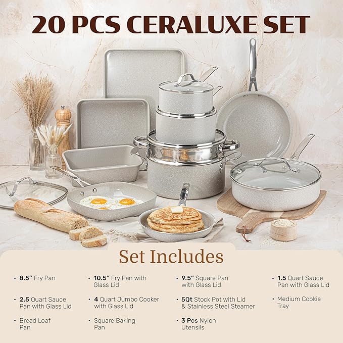 Granitestone Ceraluxe 20 Pc Ceramic Cookware Set Nonstick Complete Pots and Pans Set Non Stick for Kitchen with Bakeware Utensils &amp Steamer Non Toxic Made Without PFOA PFOS Oven &amp Dishwash
