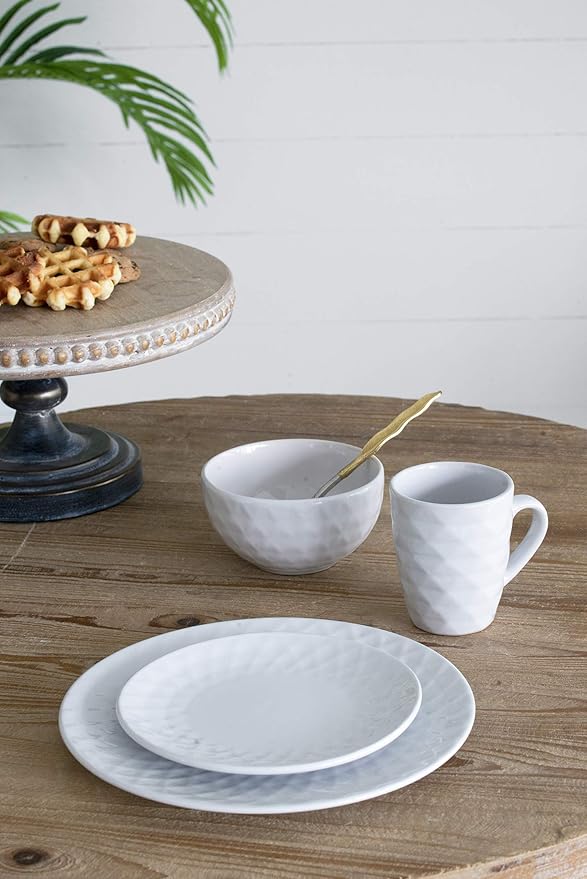 A&ampB Home Large 16 Piece Dinnerware Set Glossy Cream Stoneware Plates Bowls Mugs French Country Geometric Design Kitchenware Serves 4 People