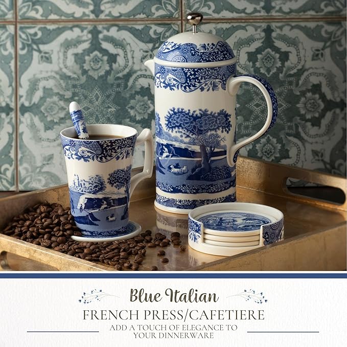 Spode Blue Italian French Press | 28-Ounce Capacity | Espresso Coffee and Tea Maker | Porcelain Cafetiere | Stainless Steel Plunger | Dishwasher Safe (Blue/White)