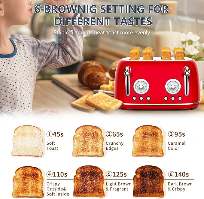 Toaster 4 Slice Wide Slot Toaster Long Slot with Warming Rack 6 Browning Settings Bagel/Defrost Functions Removable Crumb Tray (Red)