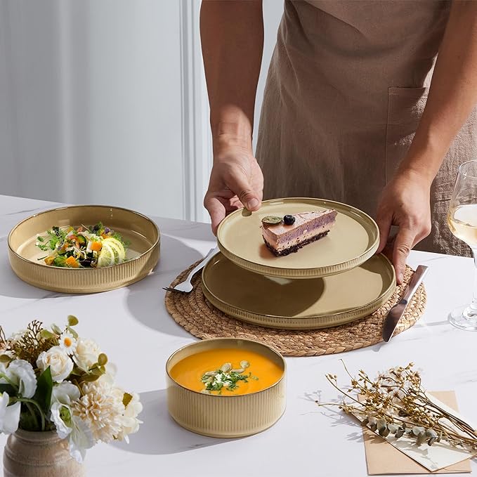 E-far 16 Piece Dinnerware Sets Plates and Bowls with Pasta Bowls Service for 4 Modern Stoneware Ribbed Dishes for Kitchen Dining Microwave &amp Dishwasher Safe Caramel Khaki