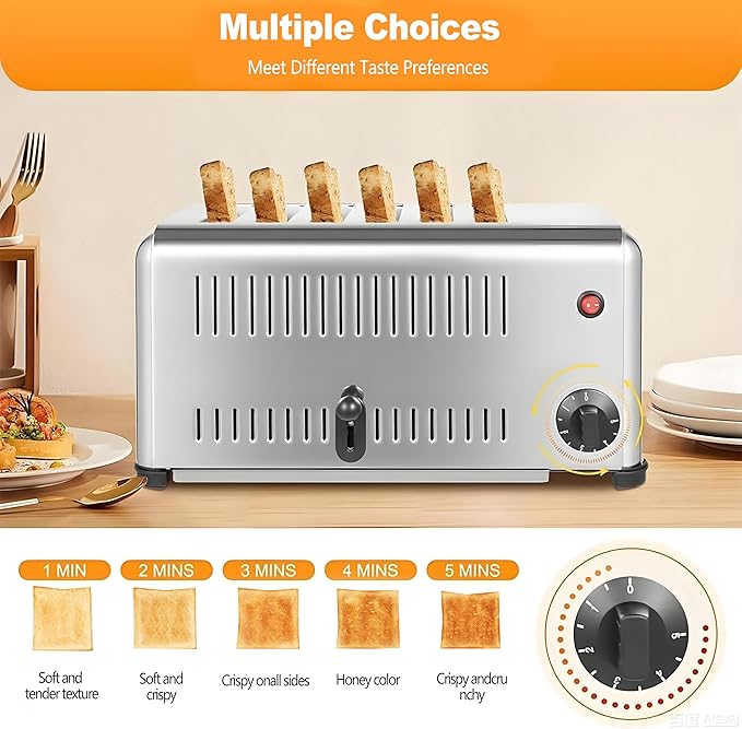 Professional-Grade 6-Slice Stainless Steel Toaster Commercial-Grade Extra-Wide Slot with Crumb Tray Even Heating to Ensure Even Cooking. Suitable for Home Kitchens Restaurants and Bakeries.