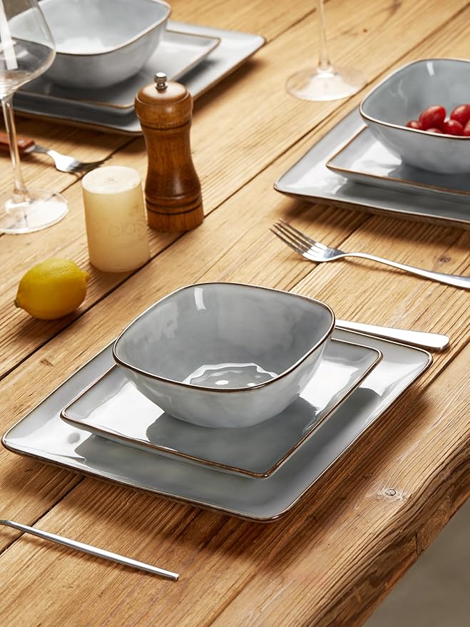 Famiware Ocean Square 12 Pieces Dinnerware Set + 6 Pieces Oval Dipping Bowl Set Microwave and Dishwasher Safe Grey