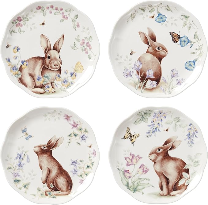 Lenox Dinnerware Set Butterfly Meadow Bunny 4-Piece Accent Plate Set Service For 4 Microwave And Dishwasher Safe Porcelain Plates Easter Plates Dish Set Home And Kitchen (Assorted 4 Pieces)
