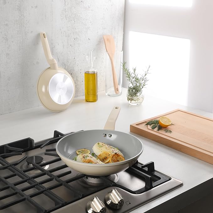 Gibson Home Barnsdall 2 Piece 8 &amp 10 Inch Aluminum Fry Pan Cookware Non-Toxic Ceramic Non Stick Frying Pan Kitchen Egg Pan Omelet Pan Always Pan Pots and Pans Linen White Induction Safe