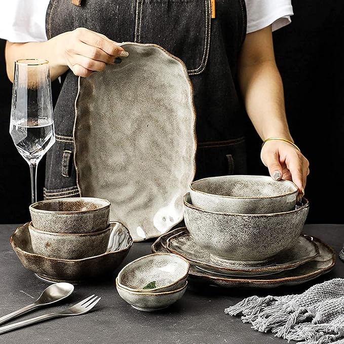 ☆Ceramics Dinner Sets Plates Set 38 Pieces Japanese Style Stone Pattern Dinnerware Set - Retro Porcelain Cereal Bowl and Steak Plate Set for Family GatheringGray size