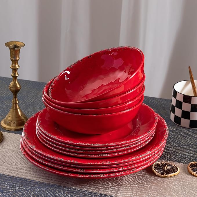 12 Piece Farmhouse Melamine Dinnerware Sets Service For 4 Rustic Crackled Plates and Bowls Sets Melamine Dishes Set for ChristmasWedding Set of 4 Camping Dishes Red