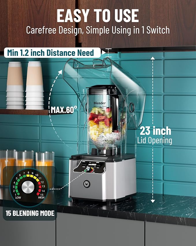 WantJoin Commercial Professional Blender With Shield Quiet Sound Enclosure 2200W Industries Strong and Quiet Professional-Grade Power Self-Cleaning Silver