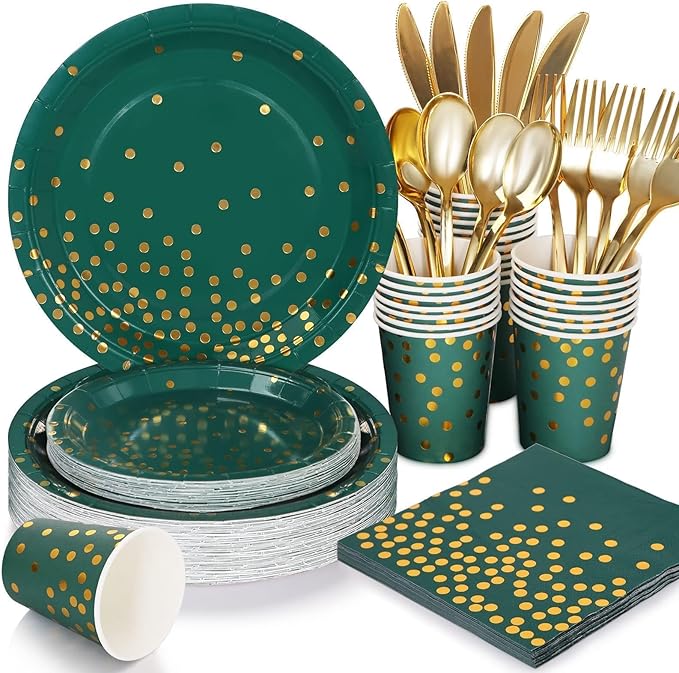175Pcs Green Plates and Napkins Party Supplies Green and Gold Party Decorations for Birthday Graduation Party Decorations Serve 25