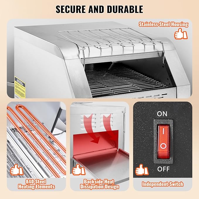 VEVOR Commercial Conveyor Toaster 300 Slices/Hour Heavy Duty Stainless Steel Electric Restaurant Toaster for Toast Bun Bagel Bread