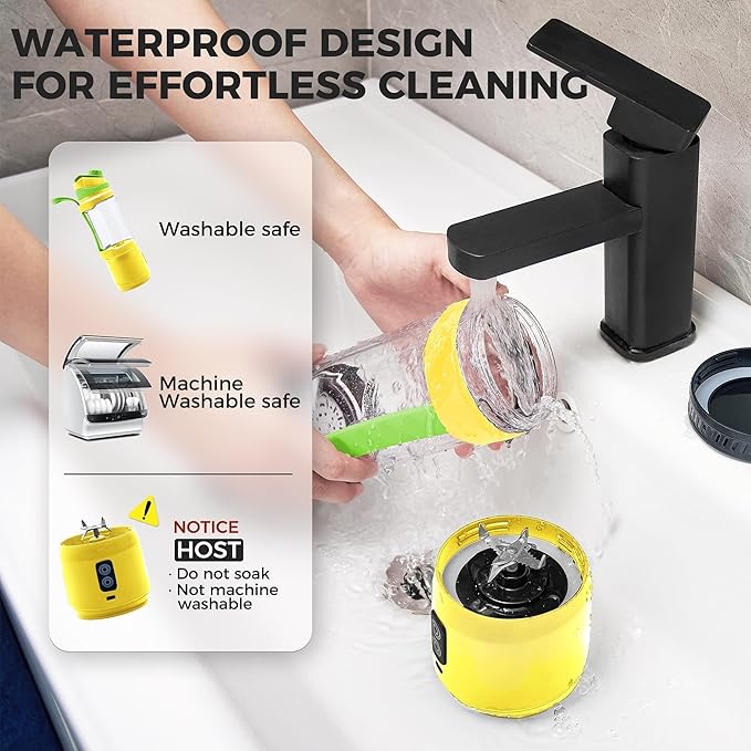 Portable Blender Anti-Jamming 300 Watt for Shakes and Smoothies 24oz Travel Blender USB Rechargeable BPA Free Sporty bottle with a Travel Lid. (Black Base Grey Lid) (Yellow Base Green Lid)