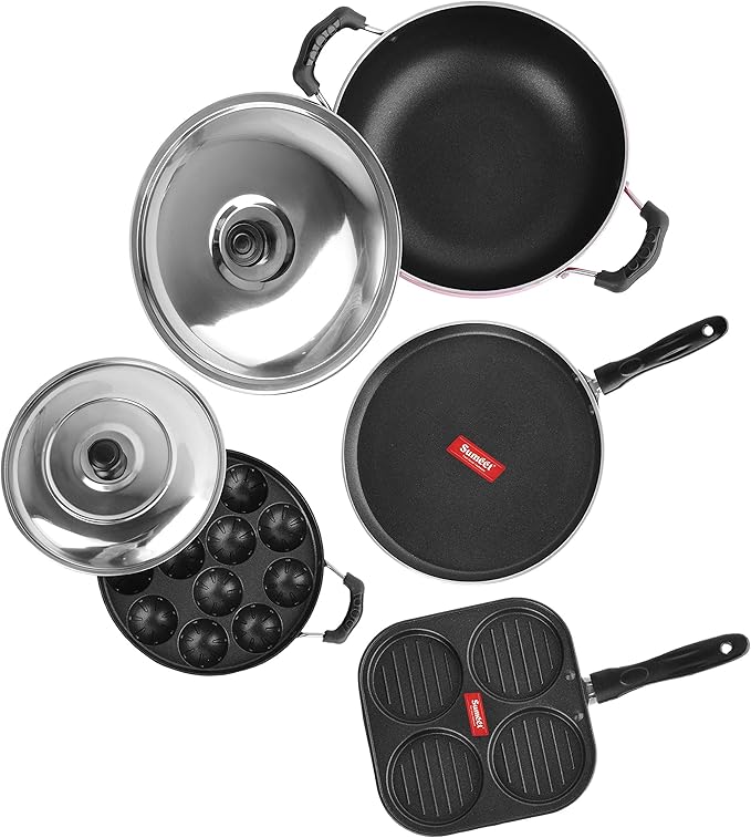 Sumeet 2.6 mm Thick Non-Stick Rojo Cookware Set (Dosa Tawa 26.5 cm Dia Mini Multi Snack Maker 19.5 cm Dia Kadhai with Lid 1.5 Ltr Capacity 20 cm Dia Grill Appam Patra with Lid 23 cm Dia)