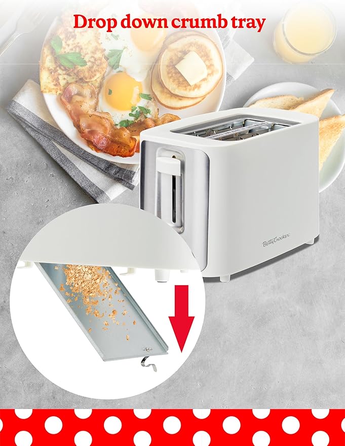 Betty Crocker 2-Slice Toaster 900W Variable Toast Shade Control High Lift Feature Cool Touch Housing Bread Centering Guides Drop Down Crumb Tray BC-5632W White