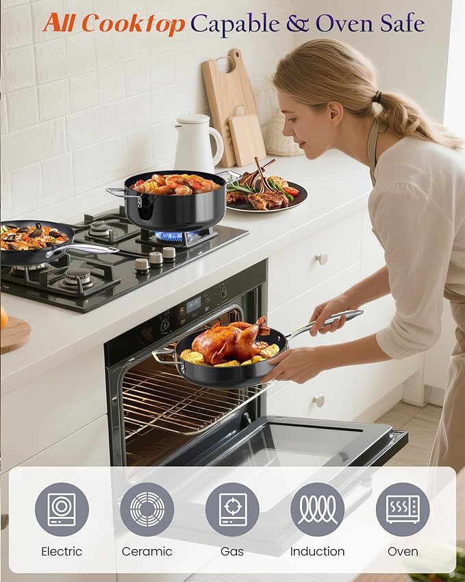 Nuwave Essential Series 5PC Ceramic Cookware Set PFAS-Free G11 Duralon Blue Coating Pots and Pans Set Non Stick Diamond Scratch-ResistantStay-Cool Handle Metal LidInduction ReadyDishwasher Safe