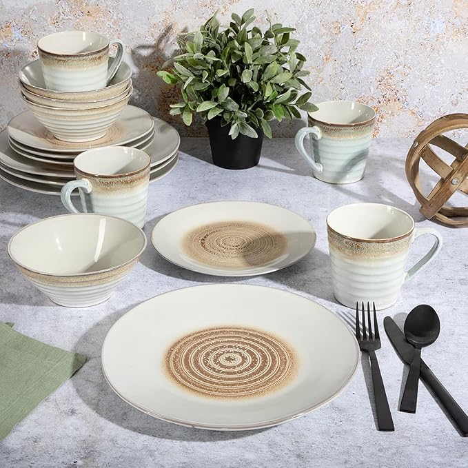Spiral Embossed 16 Piece Stoneware Dinnerware Set – Rustic Reactive Glaze Plates Bowls &amp Mugs Microwave &amp Dishwasher Safe (Taupe)