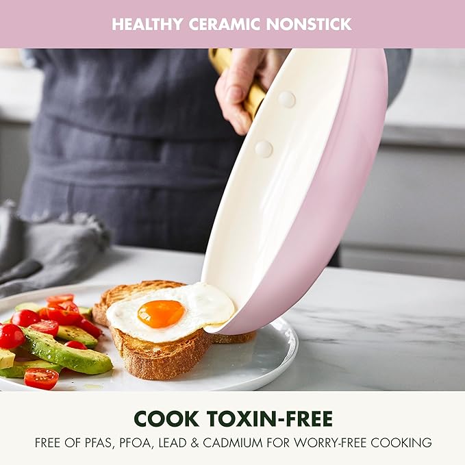 GreenPan Hard Anodized Healthy Ceramic Nonstick 10 Piece Cookware Pots and Pans Set Gold Handle PFAS-Free Dishwasher Safe Oven Safe Blush Pink