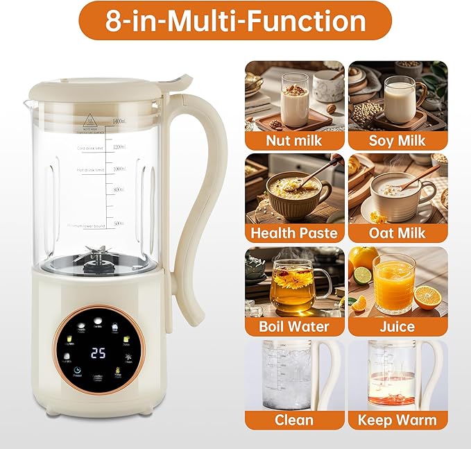 48 oz Nut Milk Maker Machine with 16 Blades 8 in 1 Automatic Homemade Almond Oat Soy Plant-Based Milk and Dairy Free Beverages Almond Maker Self-cleaning Keep Warm/24-Hour Delay