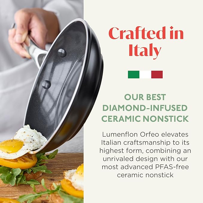 Orfeo 8” Nonstick Frying Pan Skillet Made in Italy Diamond Ceramic PFAS-Free Cookware Induction Ready Scratch Resistant Laser-Fused Surface for Durability Dishwasher Safe Black