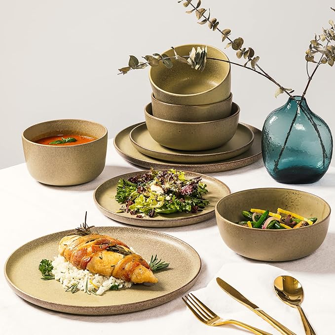 Gibson Elite James Street 16 Piece Stoneware Matte Reactive Double Bowl Dinnerware Set - Toast Cream Service for 4 (16pcs)