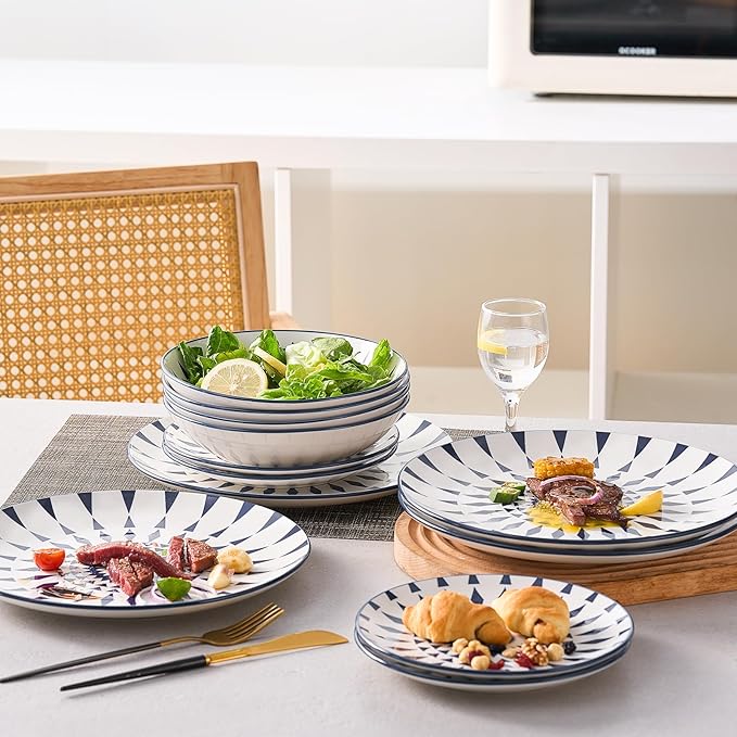 Bestone Ceramic 12-Pieces Dinnerware Sets Ceramic Dish Plates and Bowls Sets Dishes Set for 4 Dinner Salad Dessert Plates and Cereal Bowls Set GiftVintage Blue