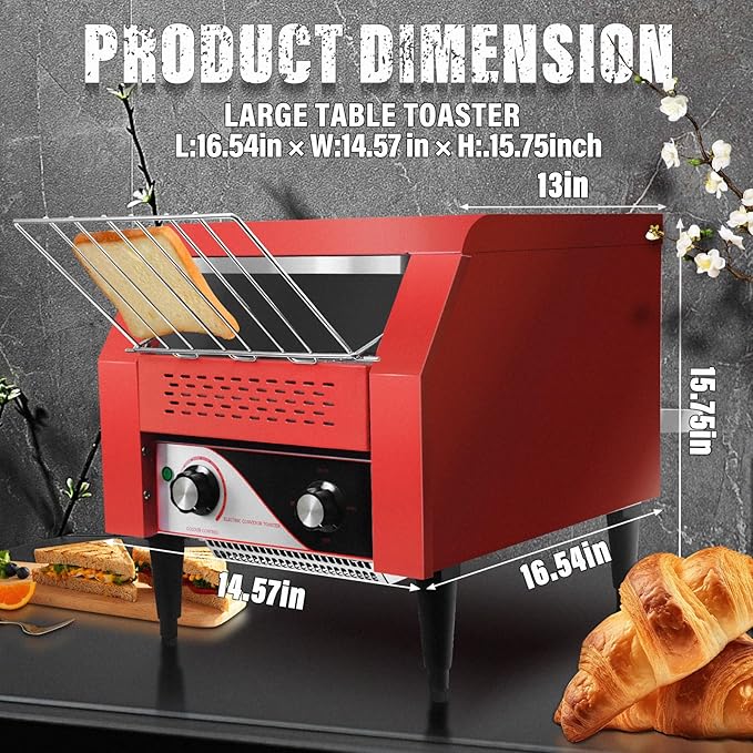 Commercial Conveyor Toaster 300 Slices/Hour Red Conveyor Toaster 3 Modes/7 Speeds Stainless Steel Tabletop Toaster for Toast Bagels and Other Baked Breads
