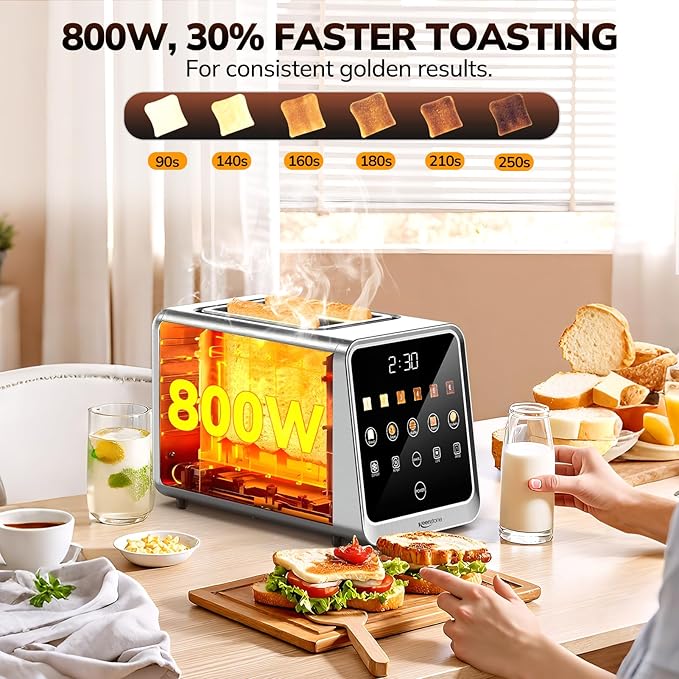 Keenstone Toaster 2 Slice Digital Smart Toaster with TouchScreen Dual Control Panel Single Slot Toasting Timer Reheat &amp Defrost for Bagels Bread Waffles Stainless Steel Kitchen Essentials