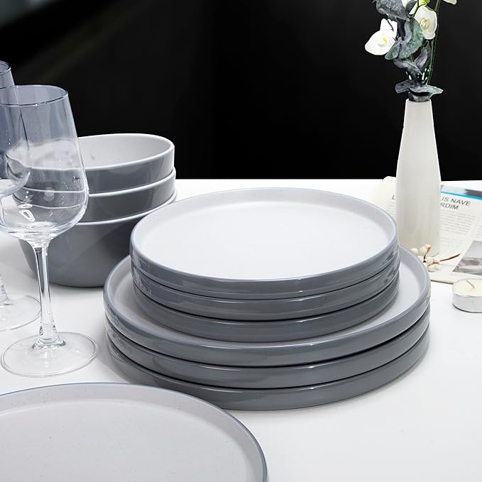 Melamine Dinnerware Sets Dishware Sets for 4 12 Pcs Plate and Bowl Set with Lipped Edges Lightweight Dish Set for CampingDishwasher SafeGood for Housewarming(Light GreyWhite)
