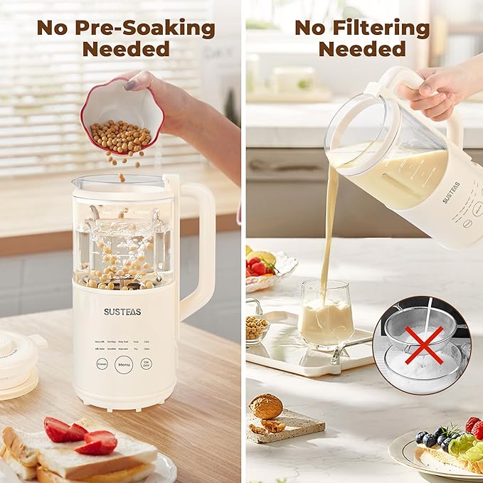 SUSTEAS 10 in 1 Nut Milk Maker Machine 34oz Soy Milk Maker for Almond/Oat/Soy Milk Juice Milkshake Rice Paste No Filtering Needed Almond Cow Milk Machine Maker with Self Cleaning Beige
