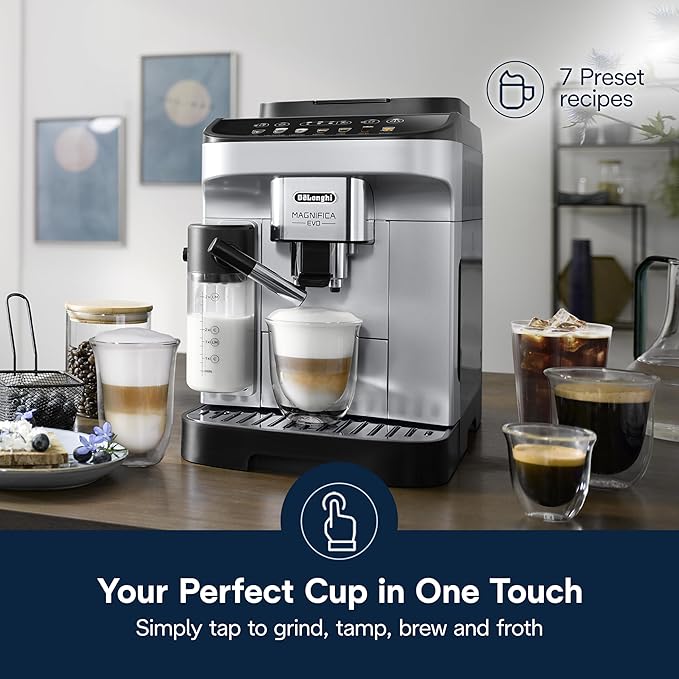 De'Longhi Magnifica Evo Automatic Espresso &amp Coffee Machine with Auto Milk Frother Built-in Grinder &amp Auto-Clean Function - For Latte Cappuccino Americano Iced Coffee ECAM29084SB  Silver