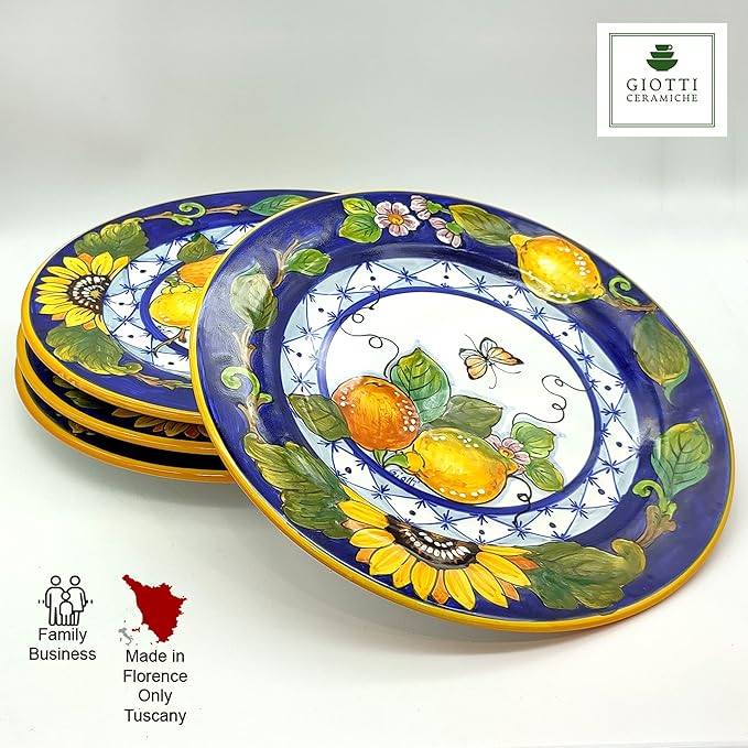 Italian Ceramic dinnerware set - Hand Painted kitchen Dishes sets for 4 - Made in ITALY Tuscany - Italian Pottery dinner plates - Home Decor Sunflower Lemon Ceramics dishes set - Service For 4