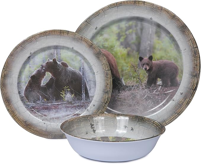 Melamine Dinnerware set for 4 - Dinner Plates Bowls Set 12 PCS Durable BPA Free Dishwasher Safe Shatter-Proof Chip Resistant for Indoor OutdoorBear