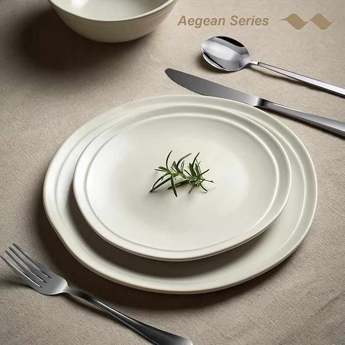 Famiware Aegean Dinnerware Set for 4 Plates and Bowls Sets 12-Piece Stoneware Scratch Resistant Dinner Set Handmade Irregular Round Dishes Microwave and Dishwasher Safe Matte White